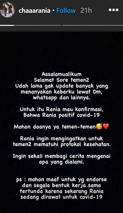 Rania Salsabila memberikan konfirmasi bahwa dirinya telah terpapar virus corona. Copyright: Instagram/@chaaarania