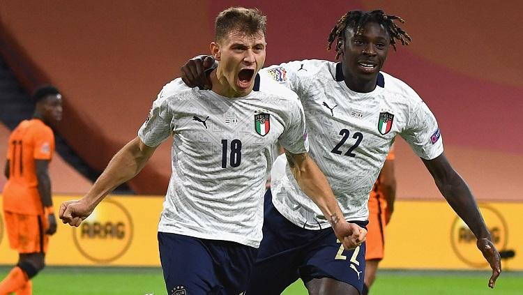 Selebrasi gol Nicolo Barella usai mencetak gol kemenangan Italia atas Belanda di laga UEFA Nations League 2020-2021.
