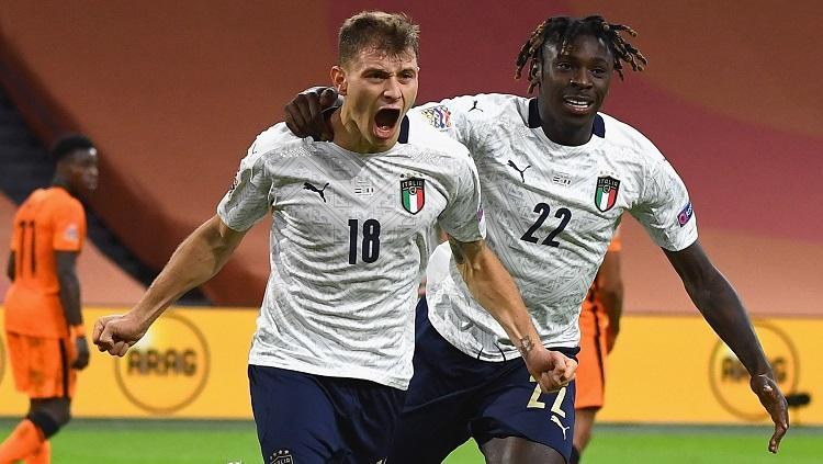 Selebrasi gol Nicolo Barella usai mencetak gol kemenangan Italia atas Belanda di laga UEFA Nations League 2020-2021. - INDOSPORT