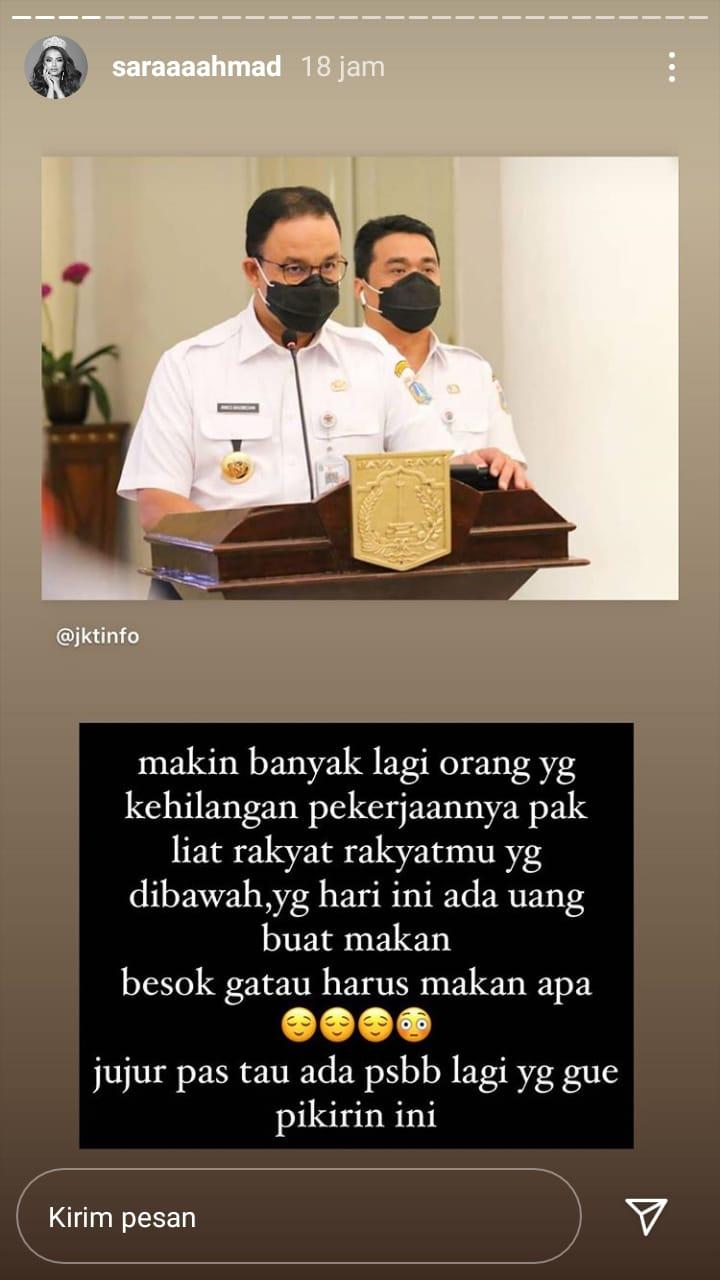 Unggahan Sarah Ahmad terkait PSBB. Copyright: Instagram/Sarah Ahmad