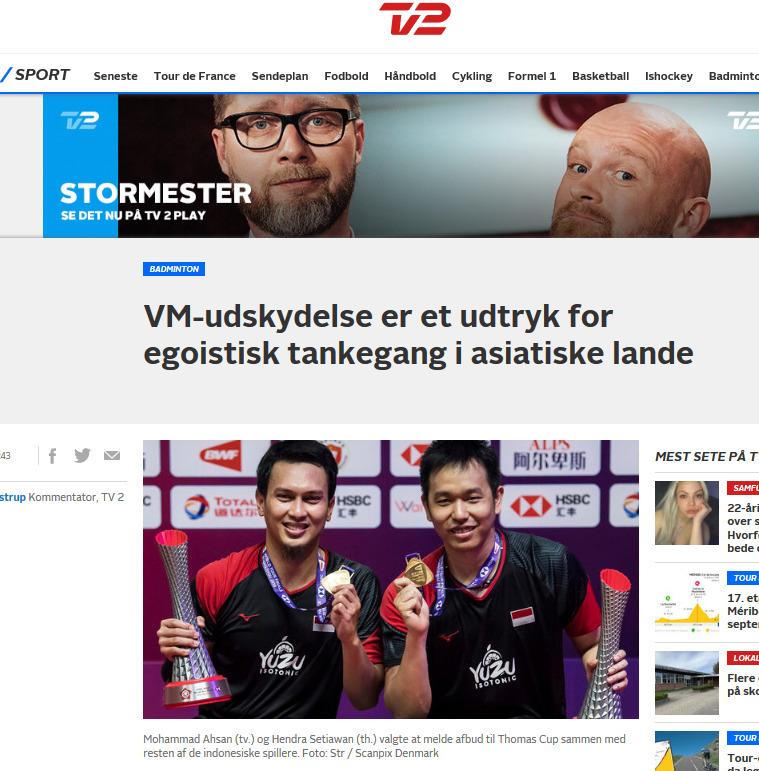 Mundurnya Ahsan/Hendra cs dari Piala Thomas 2020 disorot Denmark. Copyright: Sport.tv2.dk