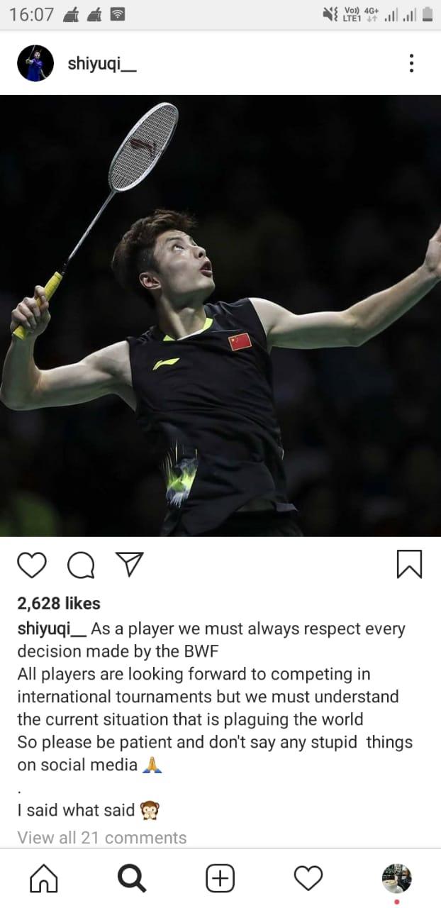 Pebulutangkis China, Shi Yuqi meminta semua pihak mendukung keputusa BWF atas penundaan sejumlah turnamen tahun ini. Copyright: Instagram/Shi Yuqi