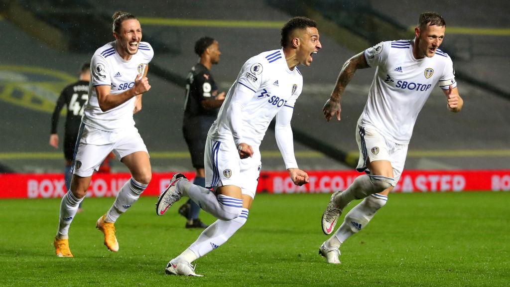 Selebrasi Rodrigo Moreno usai mencetak gol di laga Leeds United vs Manchester City