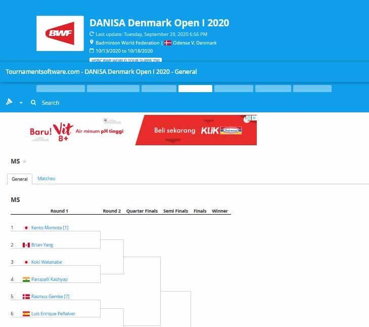 Kento Momota masih terdaftar di Drawing Denmark Open 2020. Copyright: BWF