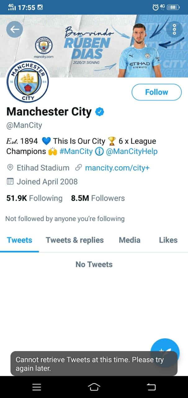 Akun twitter Manchester City kena suspend Copyright: Twitter