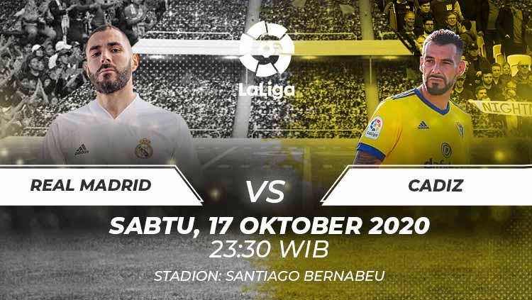 Link live streaming pertandingan pekan keenam LaLiga Spanyol antara Real Madrid vs Cadiz bisa disaksikan melalui beIN SPORTS pada Sabtu (17/10/2020) pukul 23.30 WIB. - INDOSPORT
