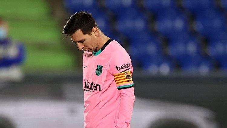 Ekspresi kekecewaan Lionel Messi saat Barcelona kalah 0-1 dari Getafe di LaLiga Spanyol 2020/21.