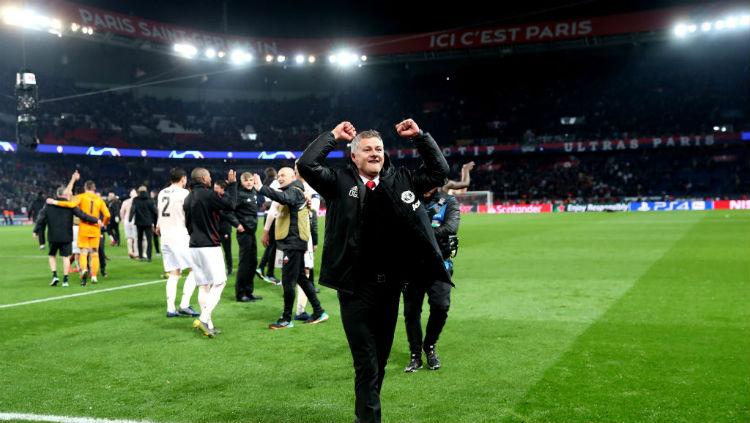Selebrasi pelatih Manchester United, Ole Gunnar Solskjaer, saat mengalahkan PSG di Liga Champions 2018/2019.