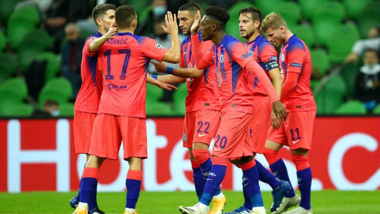 Selebrasi gol Callum Hudson-Odoi di laga Krasnodar vs Chelsea.