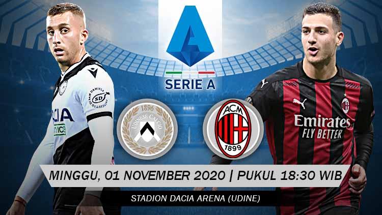 Berikut link live streaming ajang sepak bola Serie A Liga Italia yang mempertemukan Udinese vs AC Milan, Minggu (01/11/20) malam WIB.