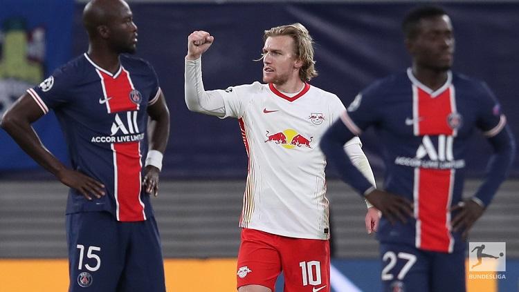 Selebrasi Emil Forsberg usai mencetak gol kemenangan RB Leipzig atas Paris Saint-Germain dalam pertandingan Liga Champions, Rabu (4/11/20).