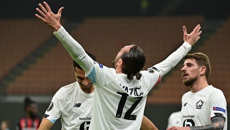Ekspresi pemain Lille, Yusuf Yazici, usai mencetak gol ke gawang AC Milan dalam pertandingan Liga Europa, Kamis (5/11/20).