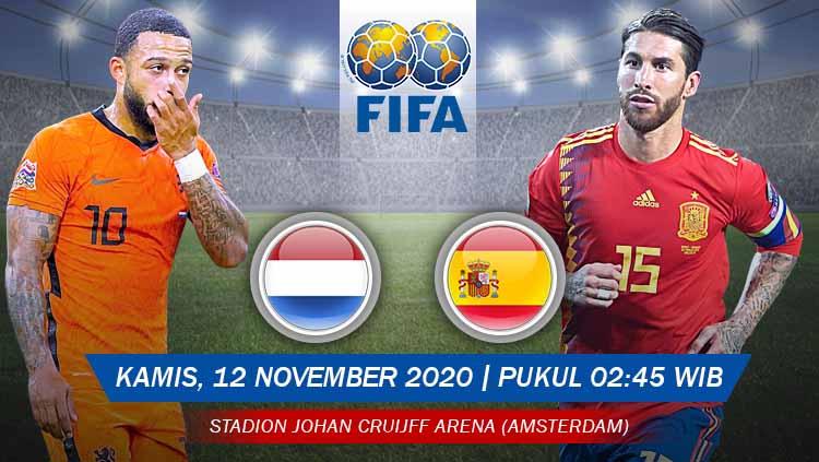 Berikut prediksi untuk pertandingan uji coba internasional antara Belanda vs Spanyol, yang akan digelar Kamis (12/11/20) pukul 02.45 WIB.