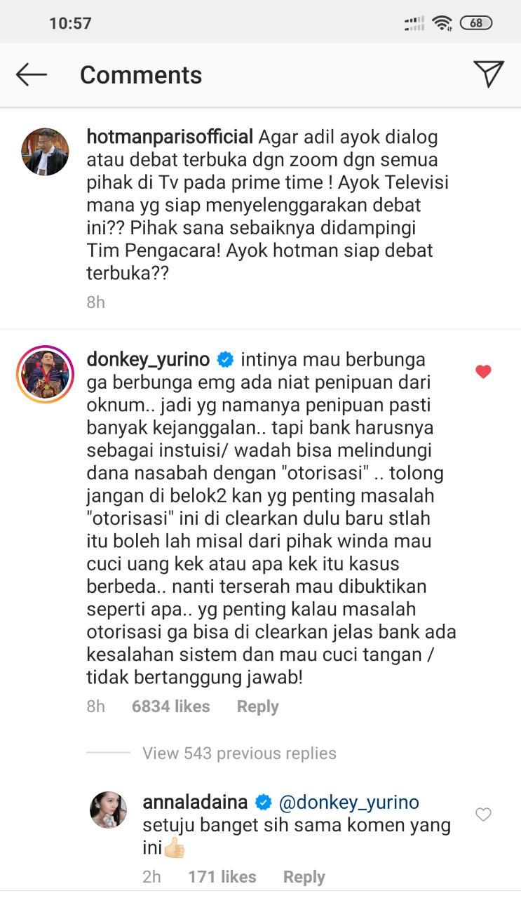 Komentar Donkey Yurino soal kasus raibnya Rp22 miliar milik Winda Lunardi Copyright: Instagram