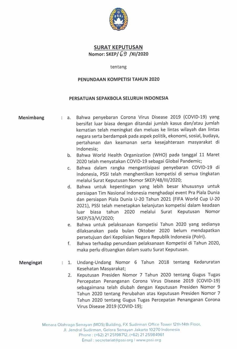 Surat Penundaan Kompetisi Sepakbola Indonesia 2020. Copyright: PSSI