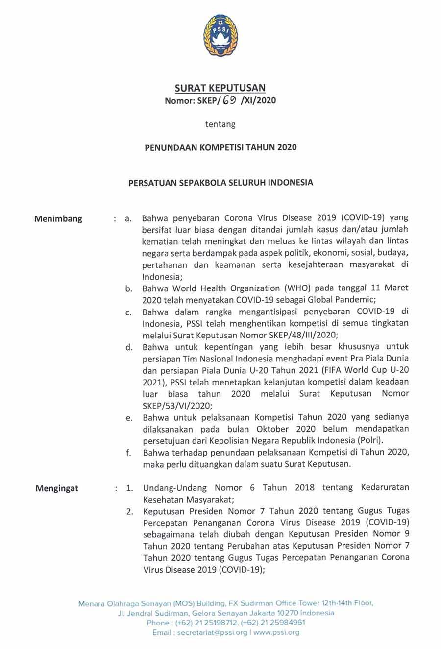 Surat Penundaan Kompetisi Sepakbola Indonesia 2020. Copyright: PSSI