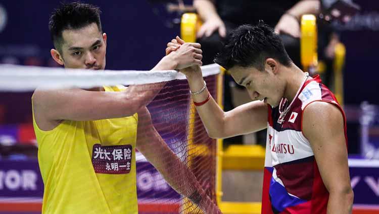 Pebukutangkis China, Lin Dan dan pebulutangkis Jepang, Kento Momota. - INDOSPORT