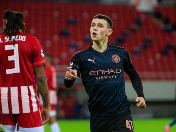 Phil Foden merayakan gol Manchester City atas Olympiacos di Liga Champions Copyright: Twitter @ChampionsLeague