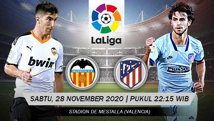 Atletico Madrid akan bertandang ke markas Valencia, Sabtu (28/11/20) malam WIB, sembari memburu 6 kemenangan beruntun di LaLiga Spanyol.