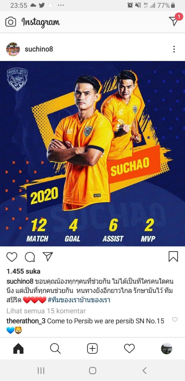 Pemain Thailand di Liga Jepang Minta Eks Persib Kembali ke Bandung Copyright: instagram.com/suchino8