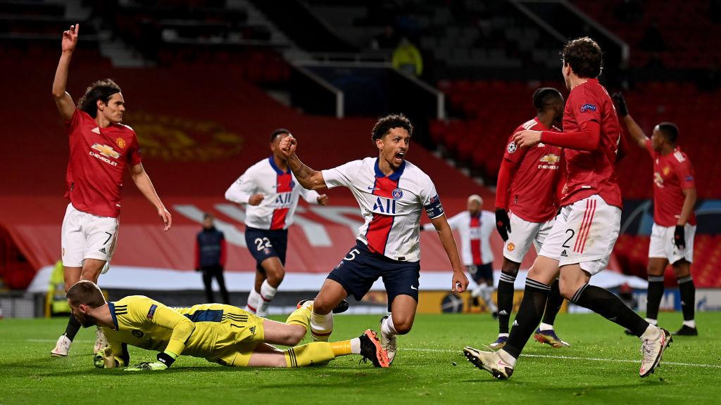 Marquinhos merayakan golnya dalam laga Manchester United vs Paris Saint-Germain