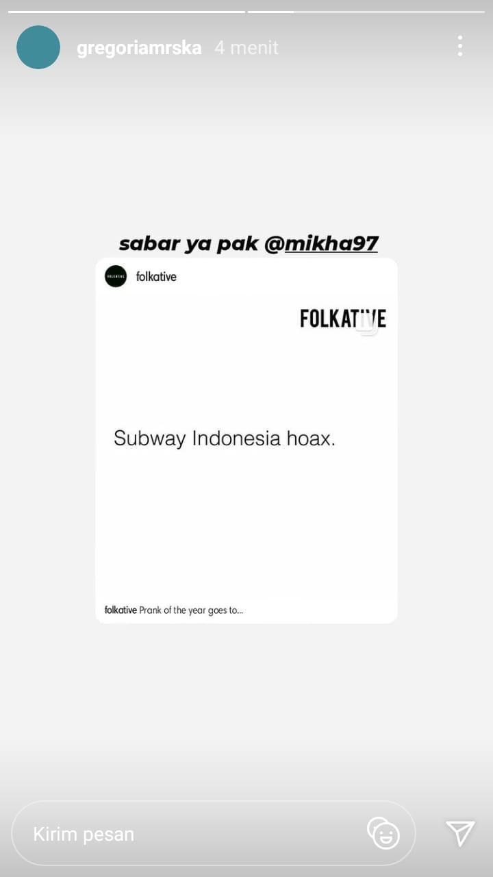 Gregoria Mariska memberi semangat kepada Mikha Angelo Copyright: instagram.com/gregoriamrska