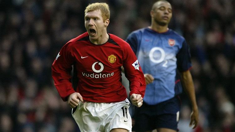 Selebrasi emosional gelandang Manchester United, Paul Scholes, usai membobol gawang Arsenal dalam pertandingan Liga Inggris, 7 Desember 2002.