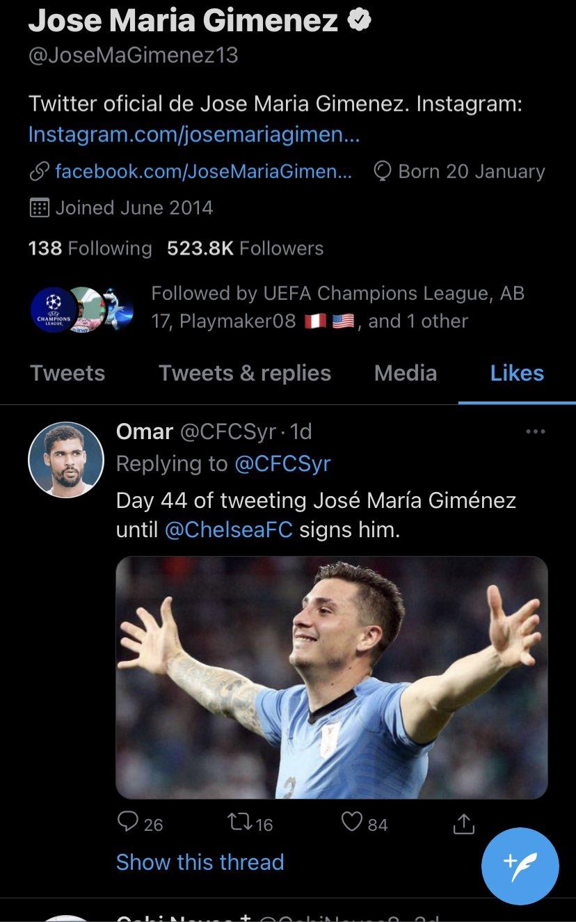 Bek Atletico Madrid, Jose Gimenez kedapatan menyukai cuitan yang mengaitkannya dengan Chelsea Copyright: twitter.com/CFCDaily