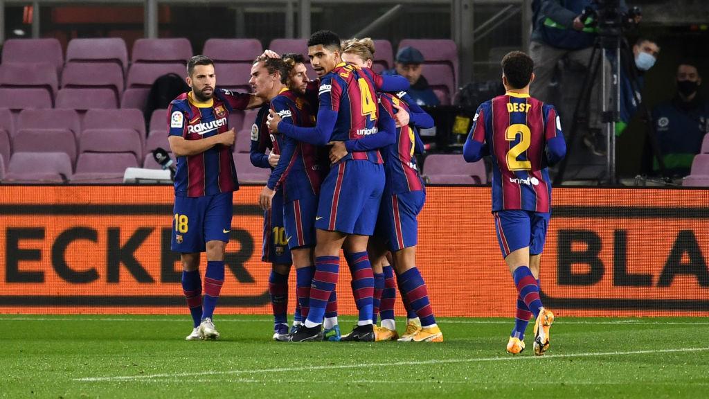 Lionel Messi selebrasi usai cetak gol dalam laga Barcelona vs Levante