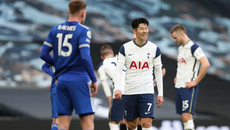 Aksi Son heung-min di laga Liga Inggris Tottenham Hotspur vs Leicester City.