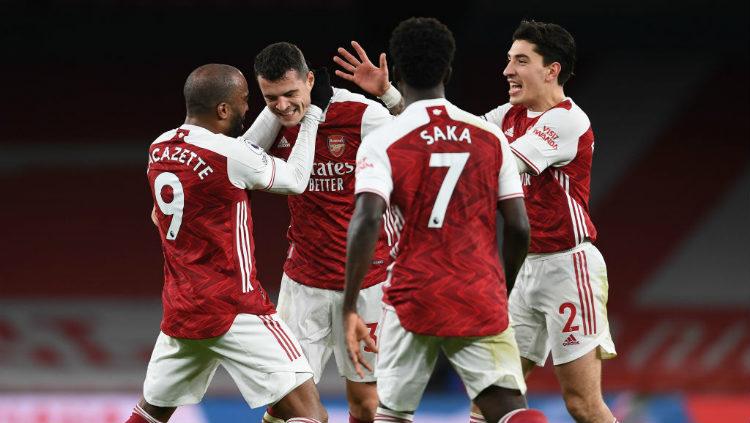 Selebrasi gol Granit Xhaka di laga Arsenal vs Chelsea. - INDOSPORT