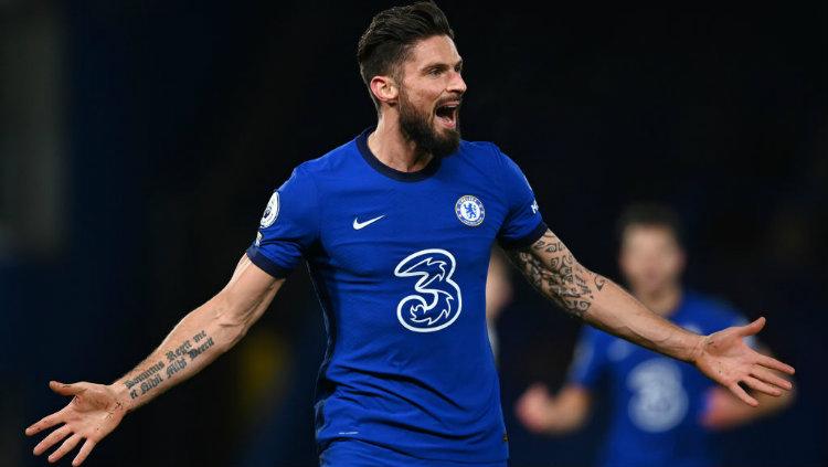 Selebrasi gol Olivier Giroud di laga Chelsea vs Aston Villa..