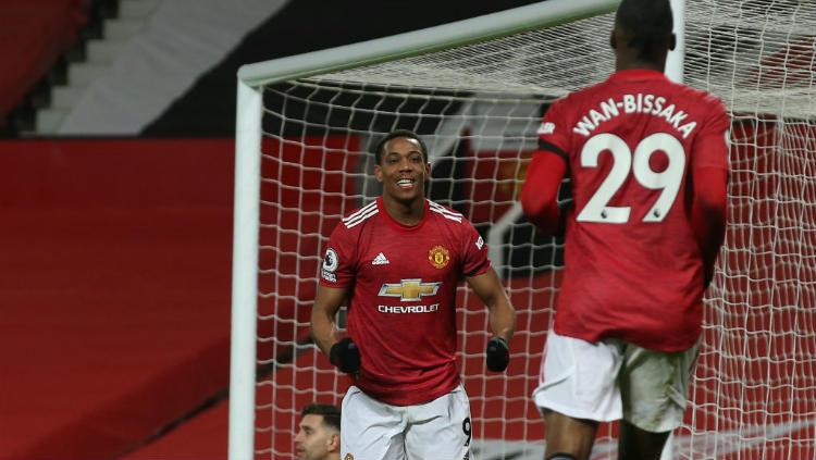 Selebrasi gol Anthony Martial di laga Liga Inggris Manchester United vs Aston Villa.