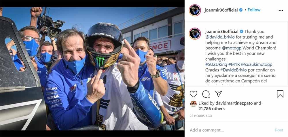 Status Instagram pembalap Team Suzuki Ecstar asal Spanyol, Joan Mir. Copyright: Instagram@joanmir36official