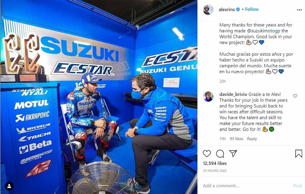 Status Instagram pembalap Team Suzuki Ecstar asal Spanyol, Alex Rins. Copyright: Instagram@alexrins