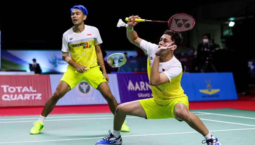 Pertandingan antara Fajar Alfian/M Rian Ardianto (Indonesia) vs Leo Rolly Carnando/Daniel Martin (Indonesia) di Thailand Open 2021.