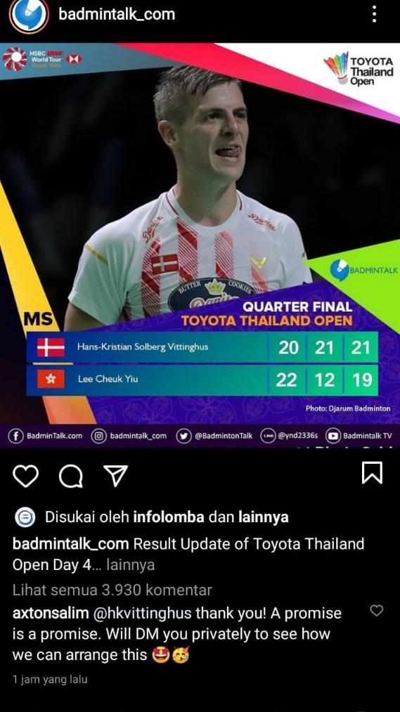 Bos Indomie siap kirimi paket khusus ke HK Vittinghus Copyright: instagram.com/badmintalk_com