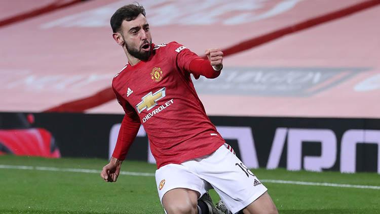 Selebrasi gol Bruno Fernandes di laga Manchester United vs Liverpool di Piala FA.