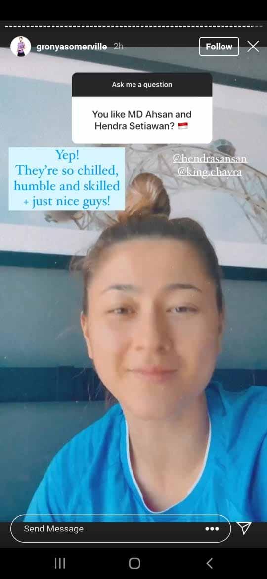 Gronya Somerville berikan pujian untuk Ahsan/Hendra. Copyright: Instastory@gronyasomerville