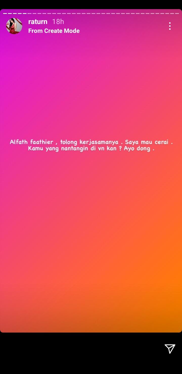 Postingan Ratu Rizky soal permintaannya bercerai dari bek Persija Alfath Fathier Copyright: Instagram/@raturn