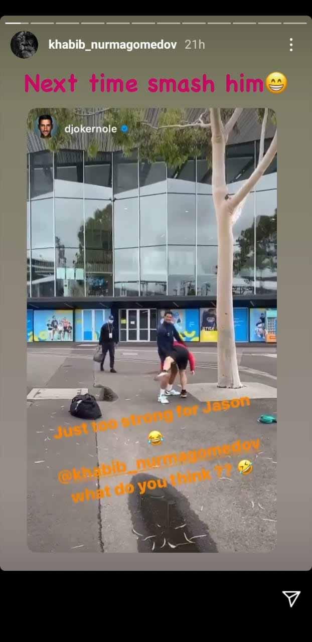 Reaksi Khabib Nurmagomedov soal candaan Djokovic soal duel. Copyright: Instastory@hhabib_nurmagomedov
