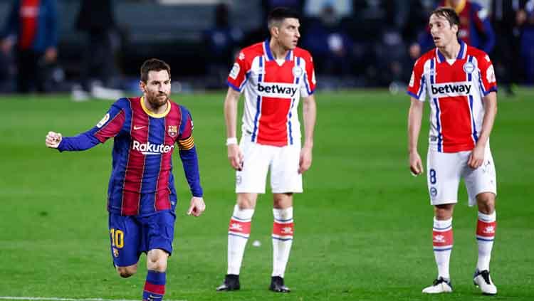 Selebrasi gol Lionel Messi di laga Barcelona vs Alaves.