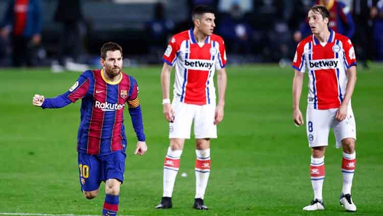 Selebrasi gol Lionel Messi di laga Barcelona vs Alaves. - INDOSPORT