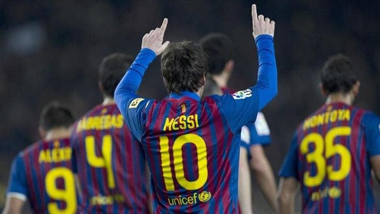 Selebrasi gol megabintang Barcelona, Lionel Messi, dalam pertandingan LaLiga Spanyol kontra Valencia, 19 Februari 2012. - INDOSPORT