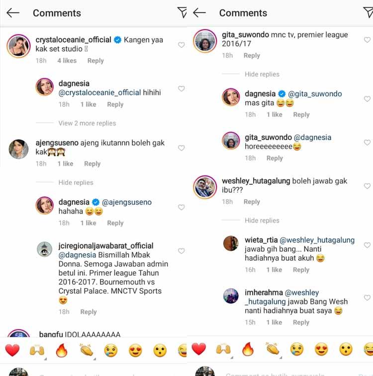 Komentator Sepak bola menyerbu postingan giveaway donna agnesia. Copyright: Instagram/@dagnesia