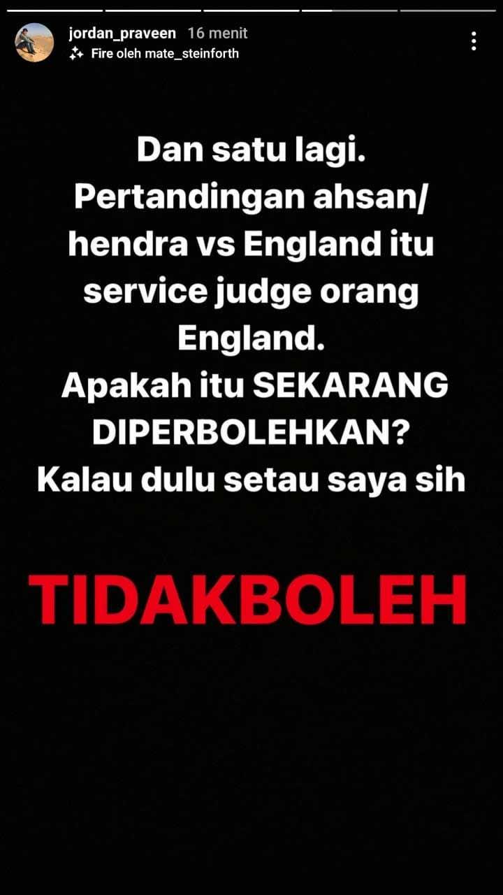 Praveen Jordan singgung perlakuan tak adil lainnya yang dilakukan kepada tim Indonesia. Copyright: Instastory@jordan_praveen