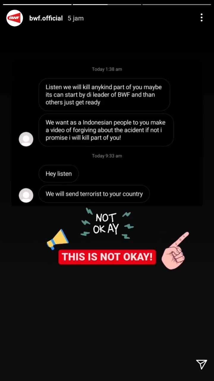 Seorang netizen mengancam bakal kirim teroris ke akun Instagram BWF. Copyright: bwf.official