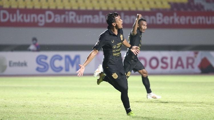 Selebrasi pemain PSIS Semarang usai mencetak gol ke gawang Arema FC di Piala Menpora 2021. - INDOSPORT