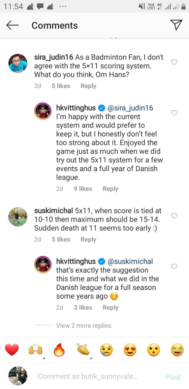 HansKristian Vittinghus berdiskusi dengan netizen soal keinginan PBSI mengganti sistem skor menjadi 5x11. Copyright: Instagram Vittinghus