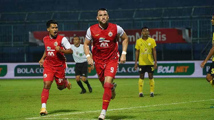 Striker Persija, Marko Simic usai mencetak gol ke gawang Barito Putera pada babak 8 besar Piala Menpora 2021.